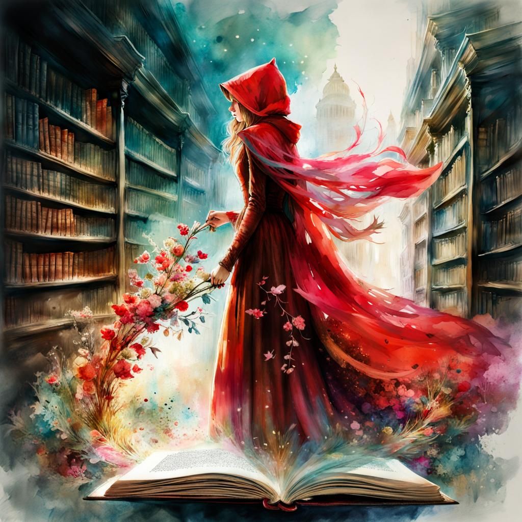 Red Riding Hood Double Exposure Watercolor Illustration