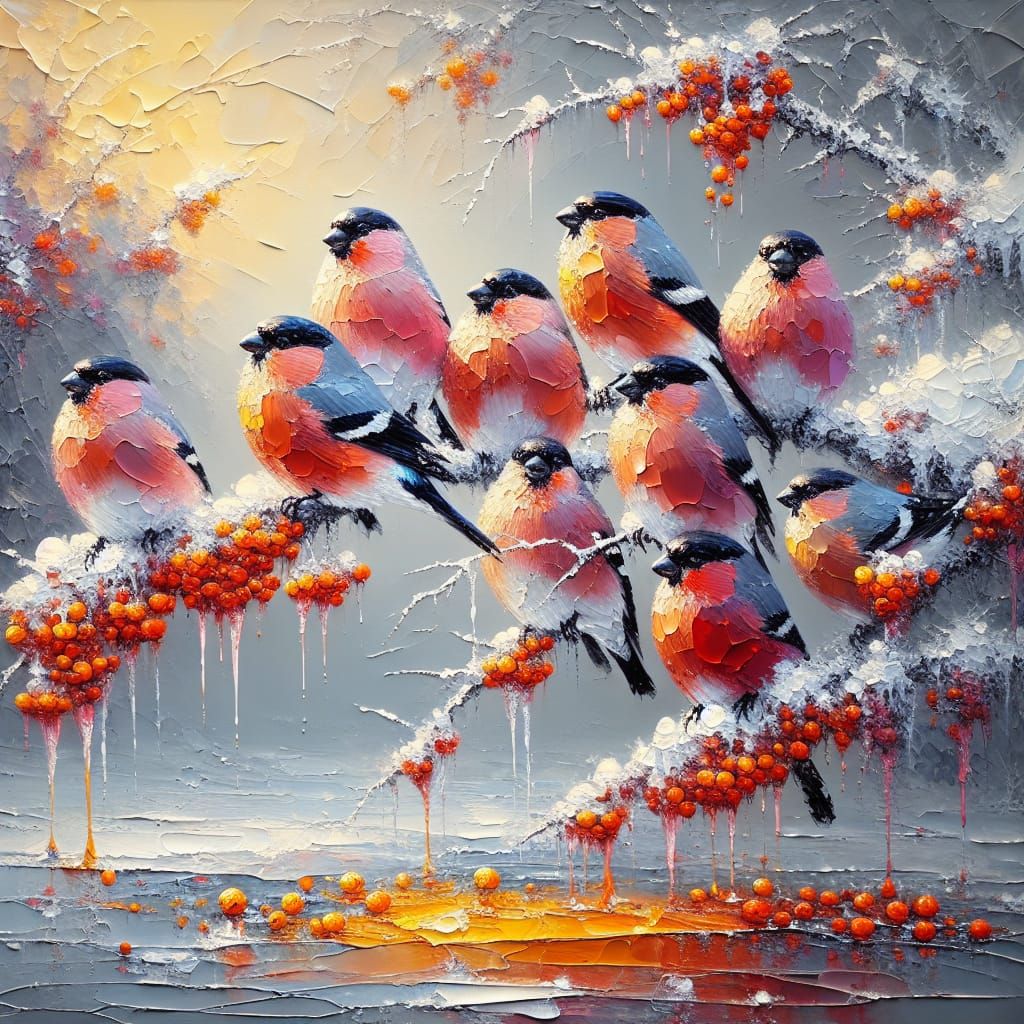 Bullfinches on Snowy Branch: Impasto Oil Painting