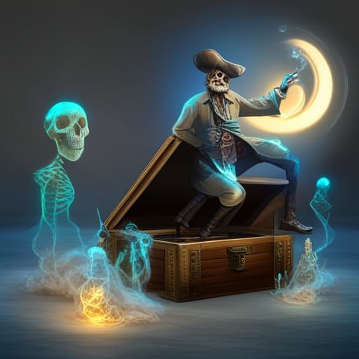 Pirate Ghost Rising from Treasure Cave
