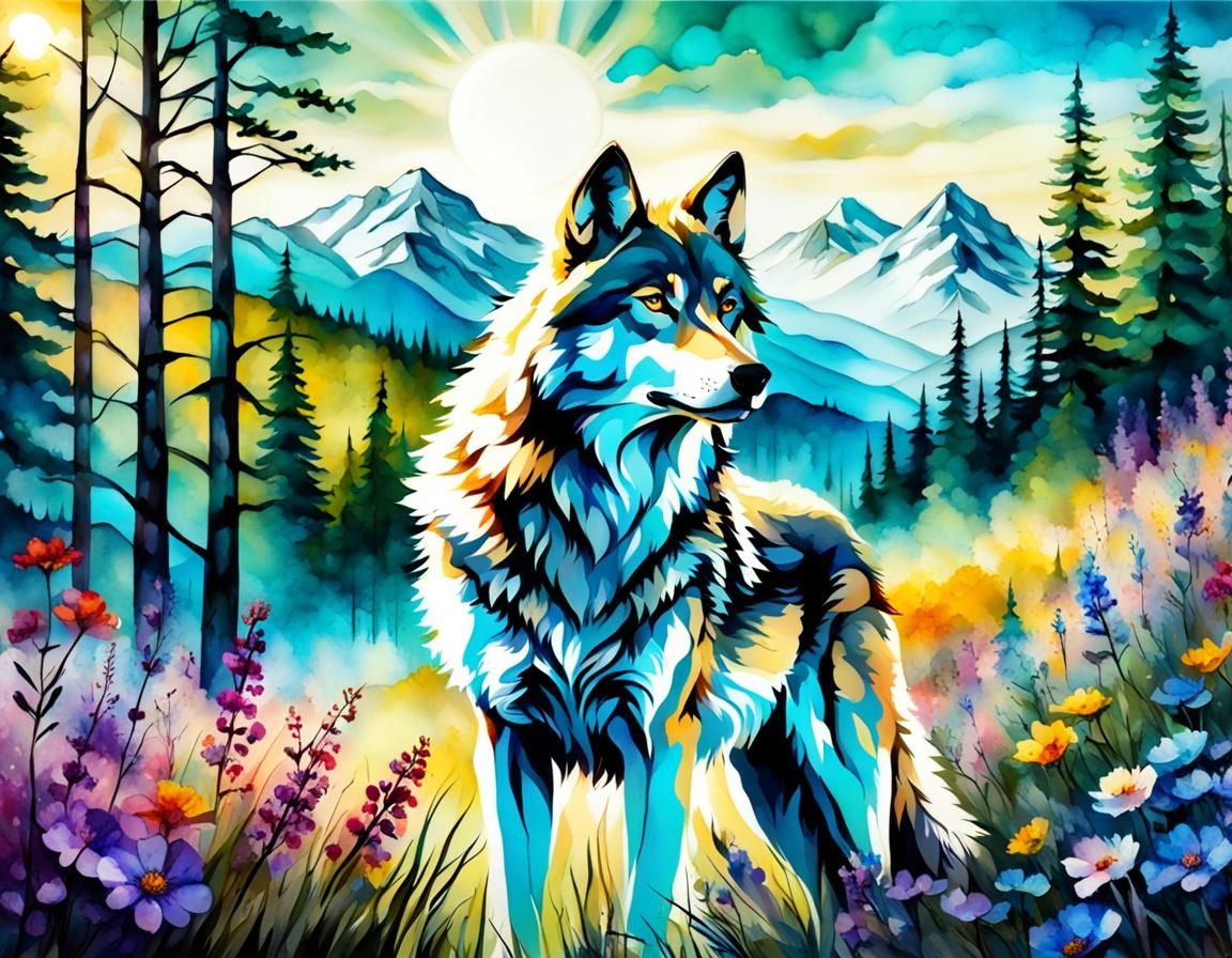 Wolf in Mountain Forest with Alcohol Ink Style