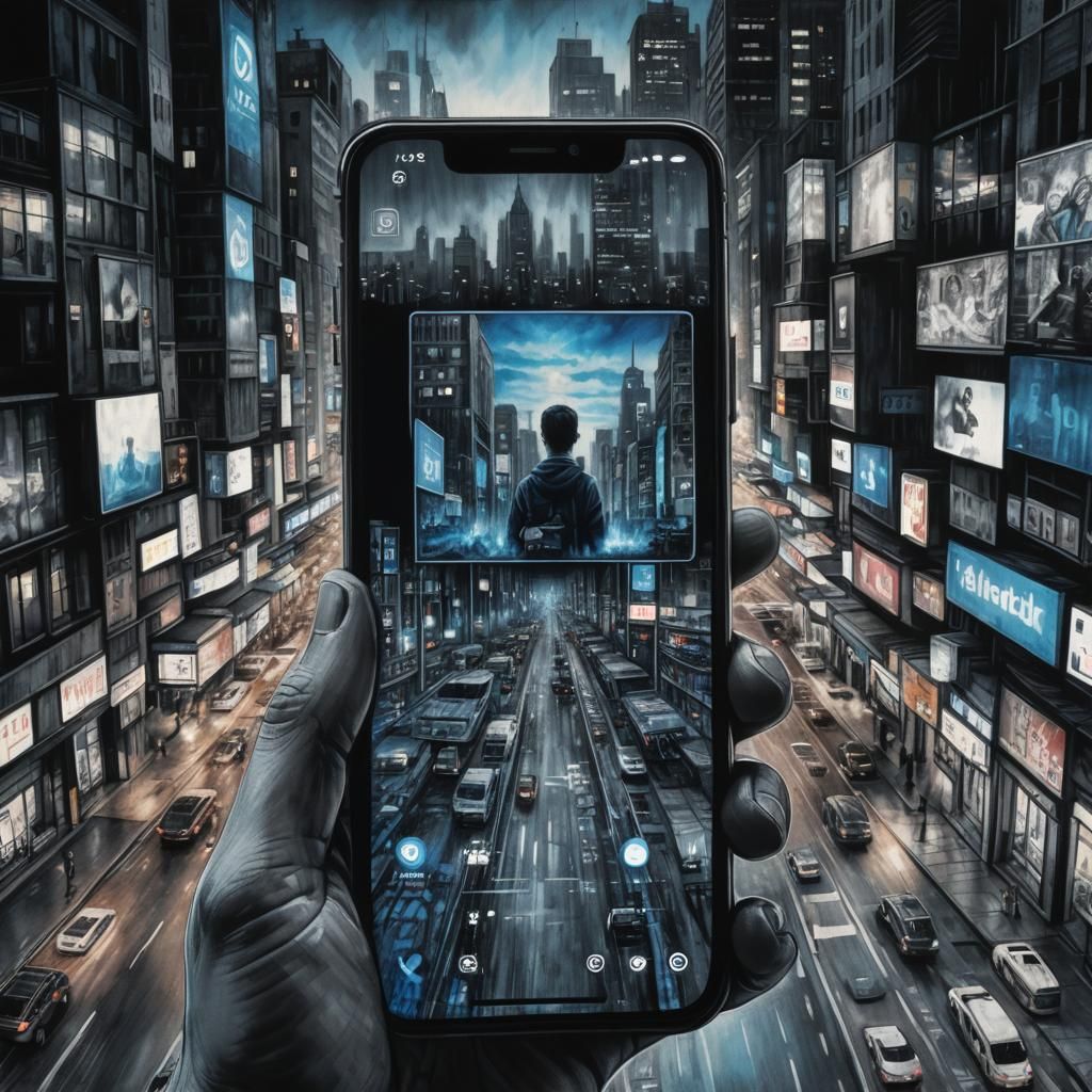 Mobile Phone Displaying Social Media Apps as Charcoal Drawin...