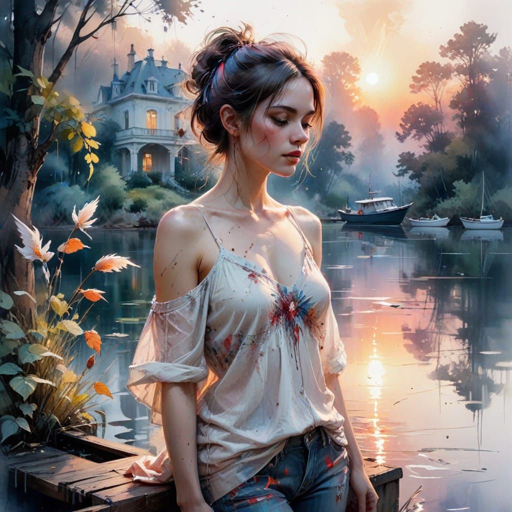 Dreamy Mansion by Lake at Sunrise in Oil Paint Style