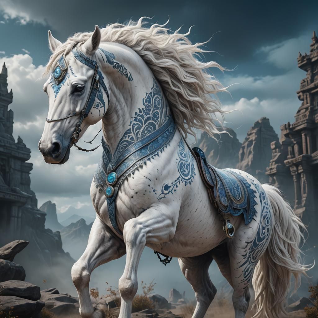 Beautiful fantasy white horse with tribal blue tattoos detai...