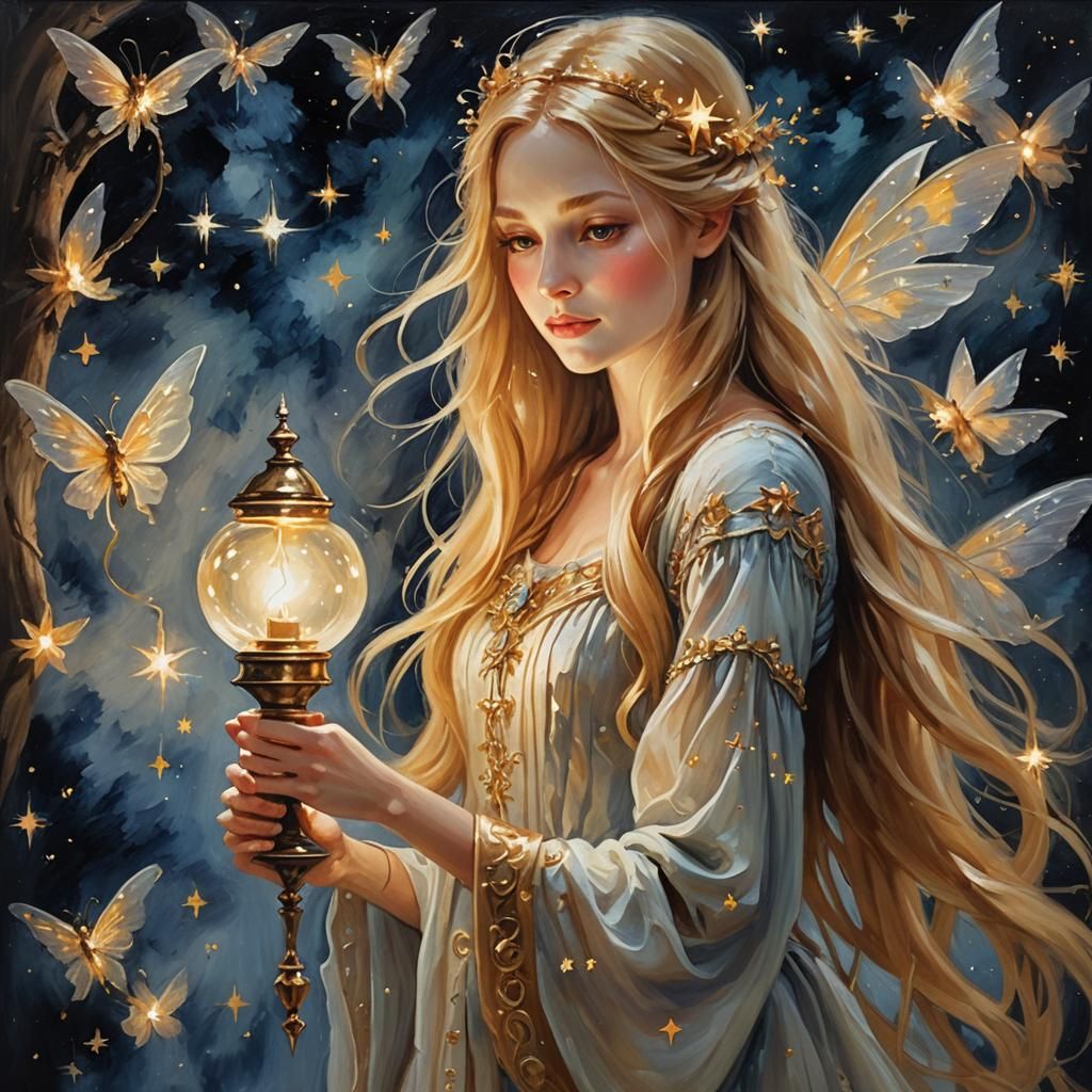 Ethereal Fairy with Lamp: Oil Painting