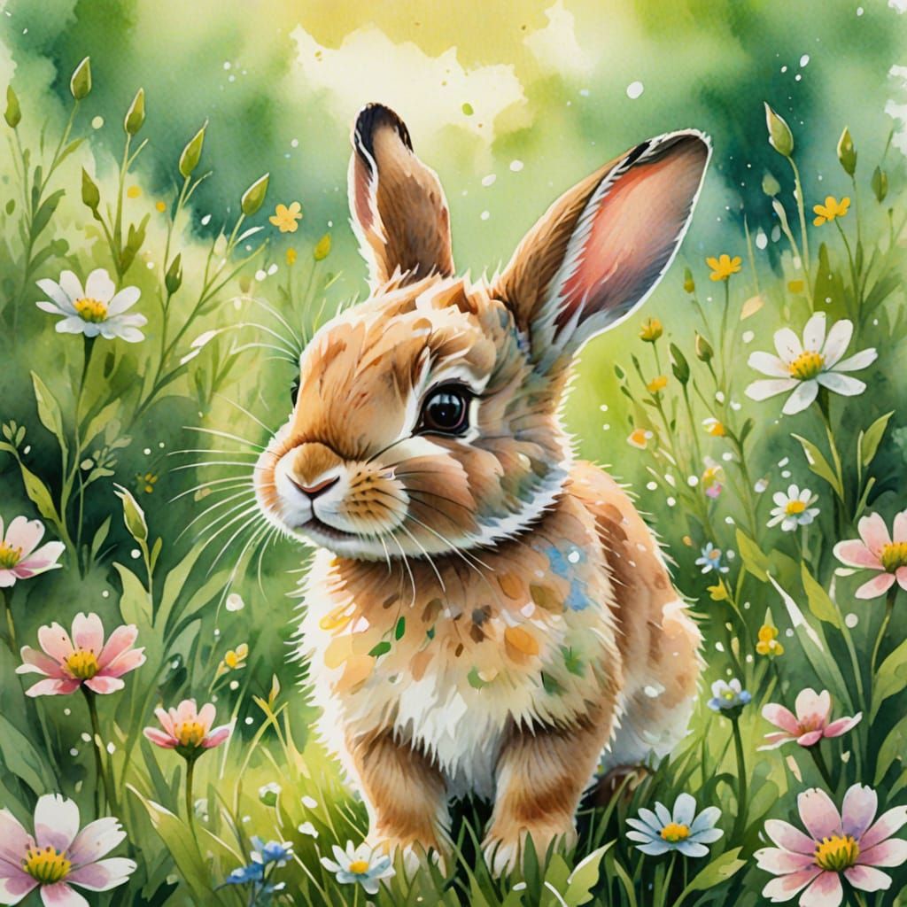 Whimsical Watercolor Bunny in a Blooming Meadow