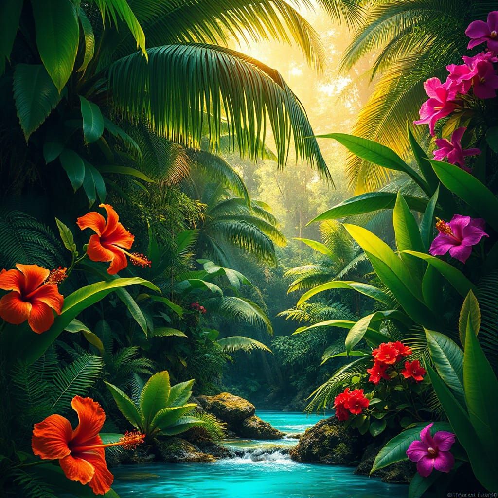 Vibrant Tropical Rainforest Scene in Naive Art Style