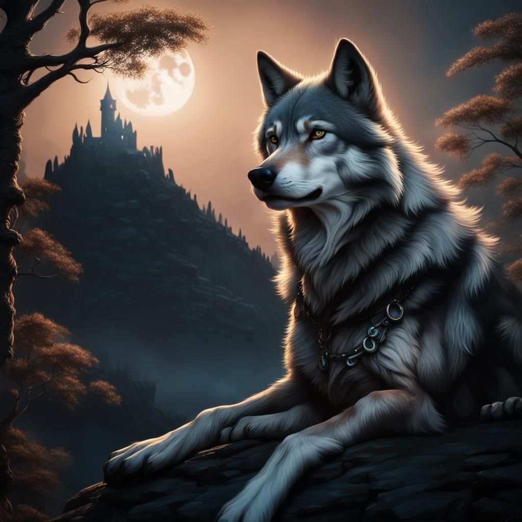 Moonlit Wolf Portrait on Hillside