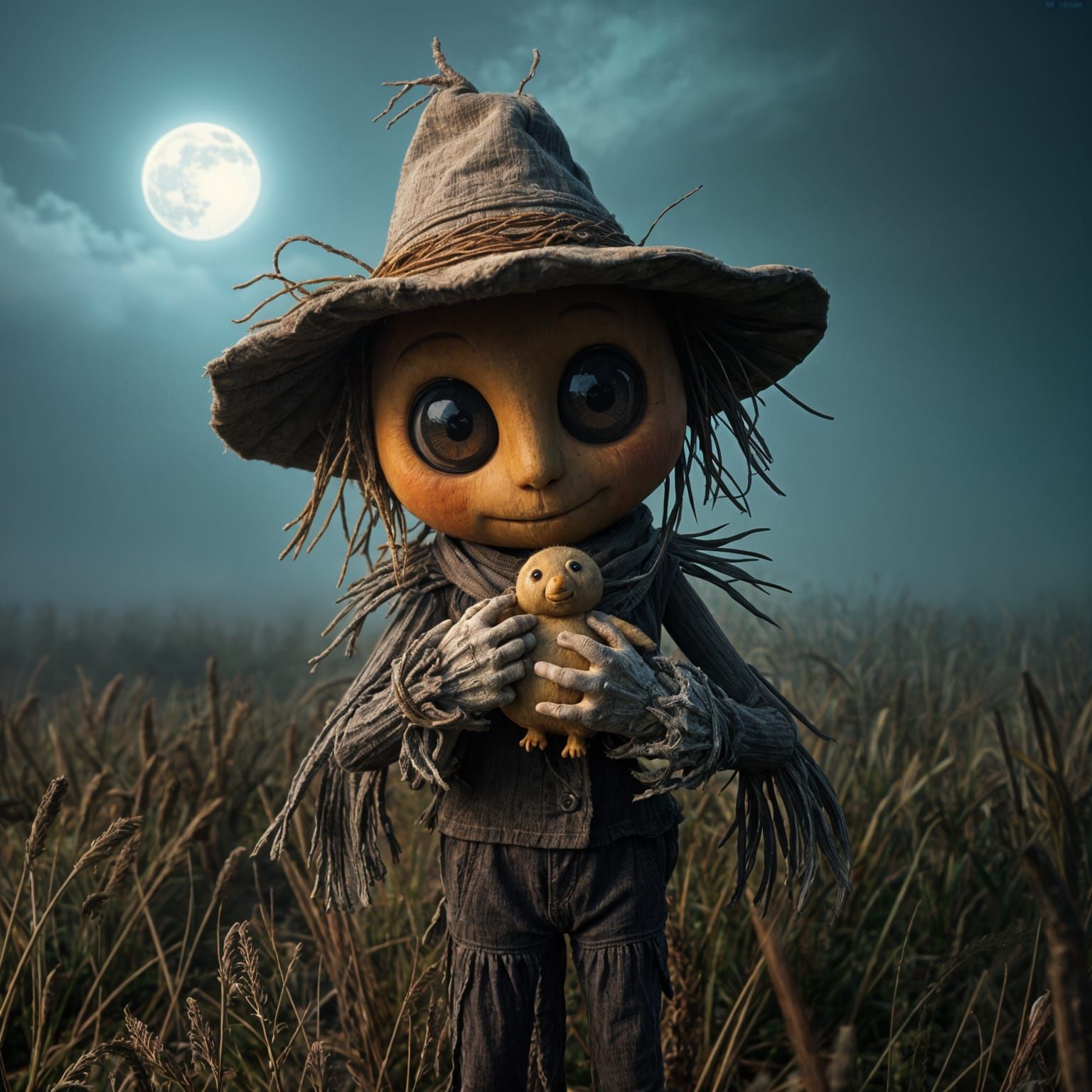Whimsical Scarecrow with Teddy Bird in Moonlit Field