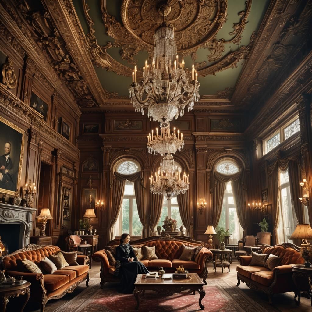 Victorian Living Room with Velvet Sofa in Hyperrealism