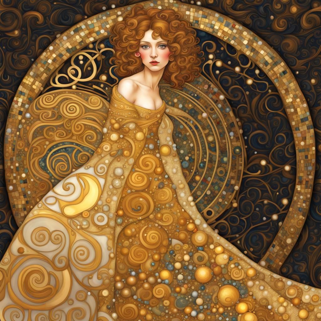 16k resolution, art by Gustav Klimt, Art Nouveau style Christmas tree, swirling golden patterns, intricate mosaic orname...