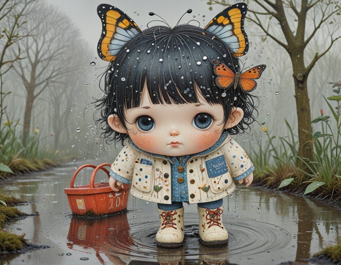 Whimsical Watercolor of Toddler Standing in Puddle