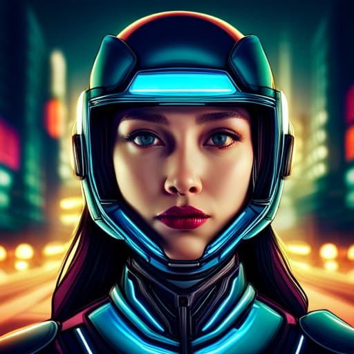 Hyperrealistic Cyborg Girl in Neon City Portrait
