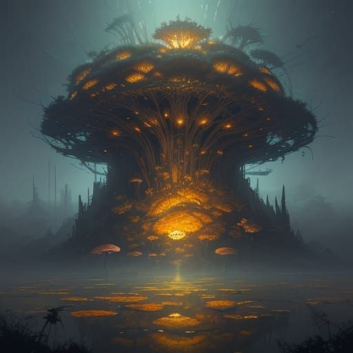 Surreal Anime Concept Art: Golden Decay in a Fungal Palace