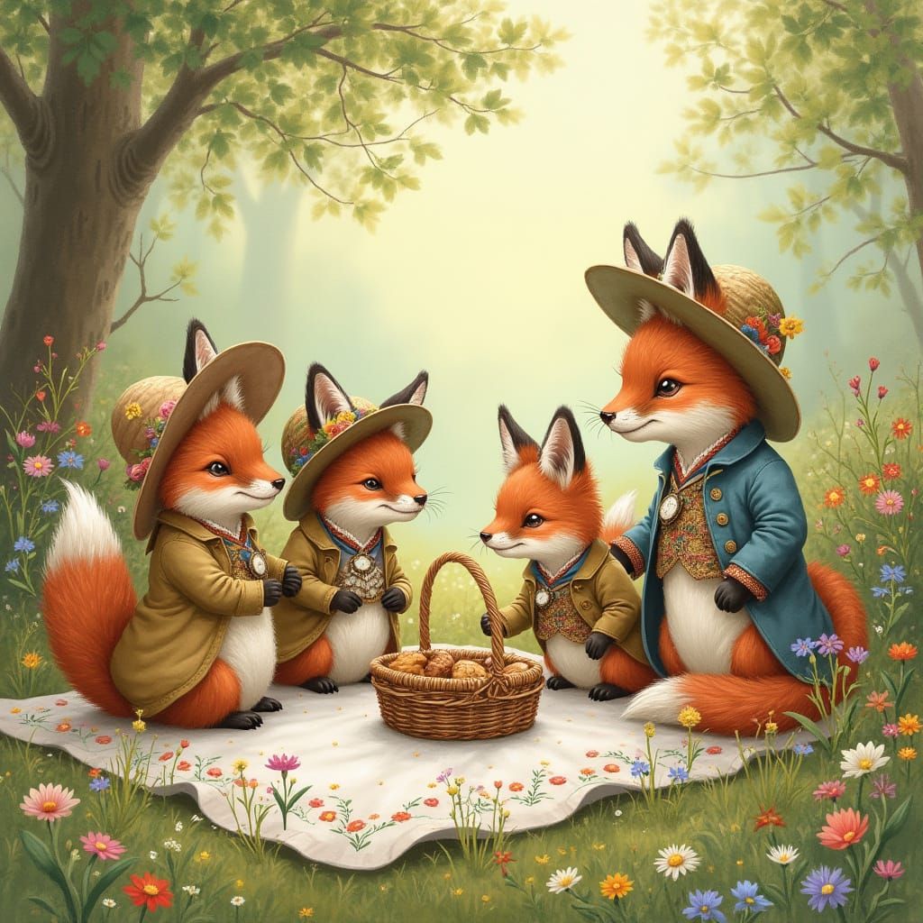 Victorian Foxes Picnic in Wildflower Meadow