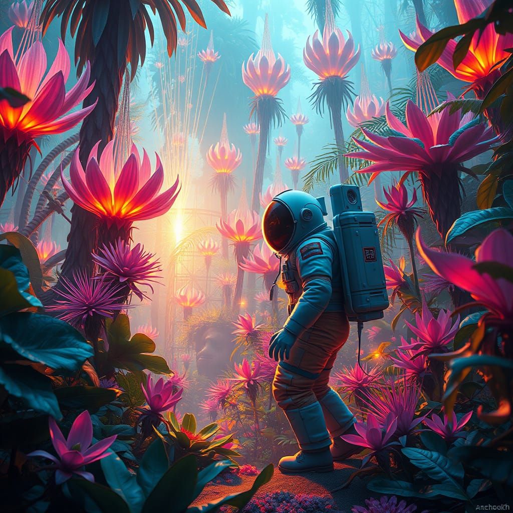 Astronaut Surrounded by Iridescent Flora in a Vibrant Garden