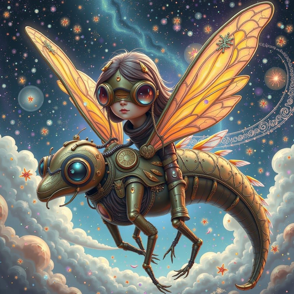 Steampunk Dragonfly Soaring Through Starry Cosmos