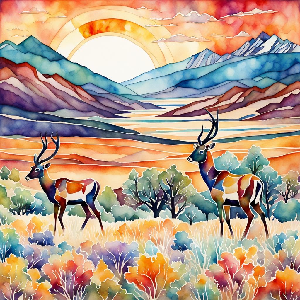 Eastern Oregon Antelope in Watercolor Batik Style