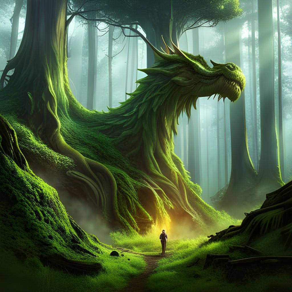 Dragon-Shaped Tree in Legendary Forest: Digital Matte Painti...