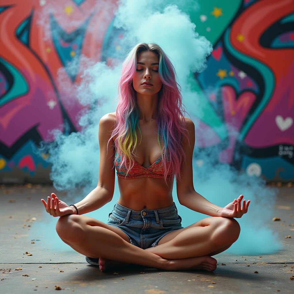 Rainbow Haired Woman Meditating in Urban Art Style