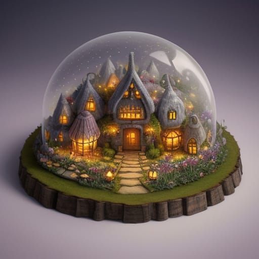 Fairy Village Inside Giant Rose Watercolor Painting