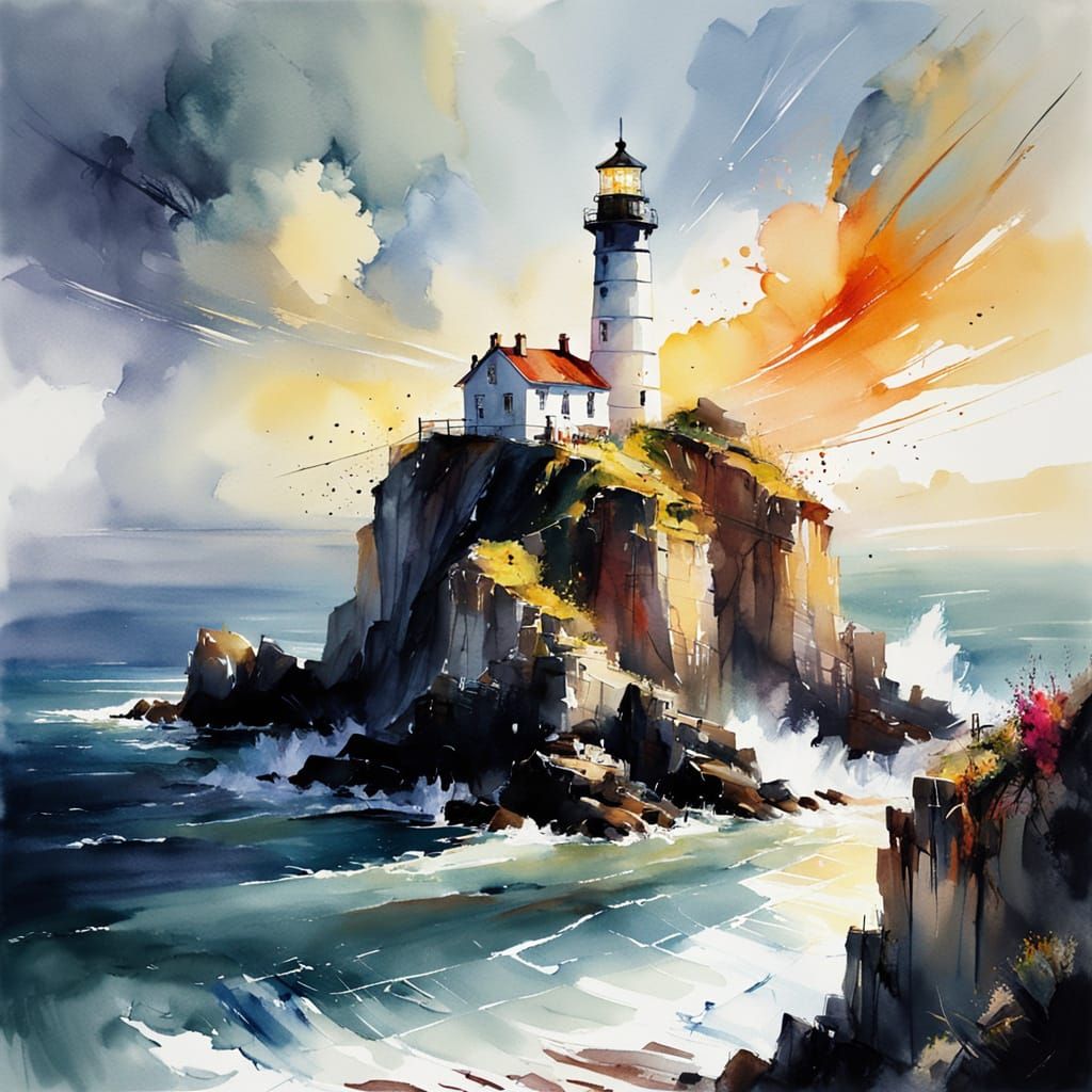 Lighthouse on Cliff in Watercolour Style