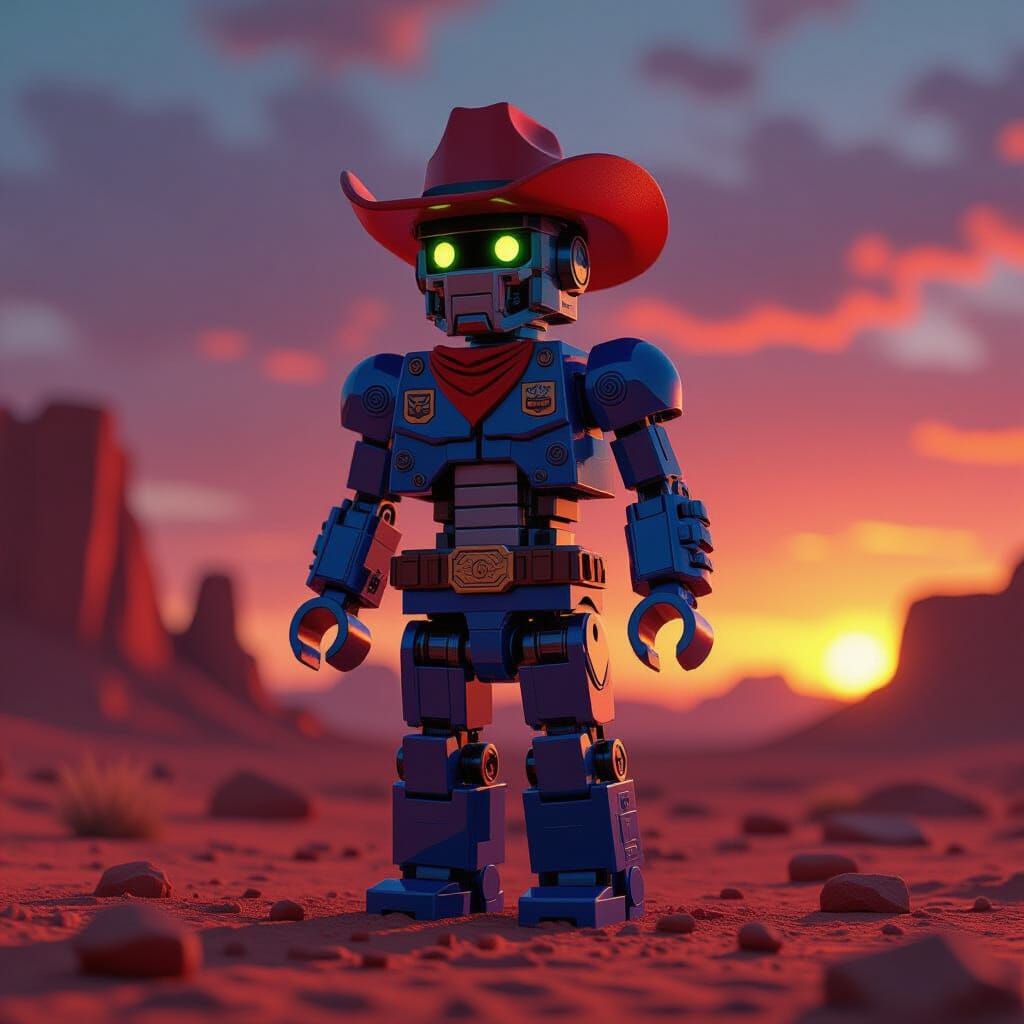 Lego Cyborg Cowboy on Alien Planet at Sunset