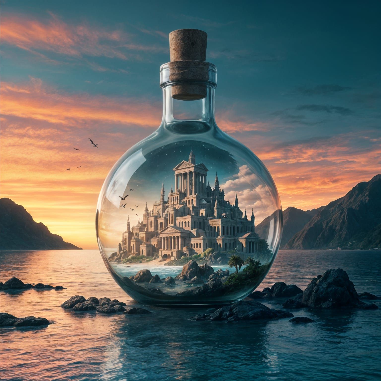 Lost Ancient City Inside Glass Bottle at Sunset