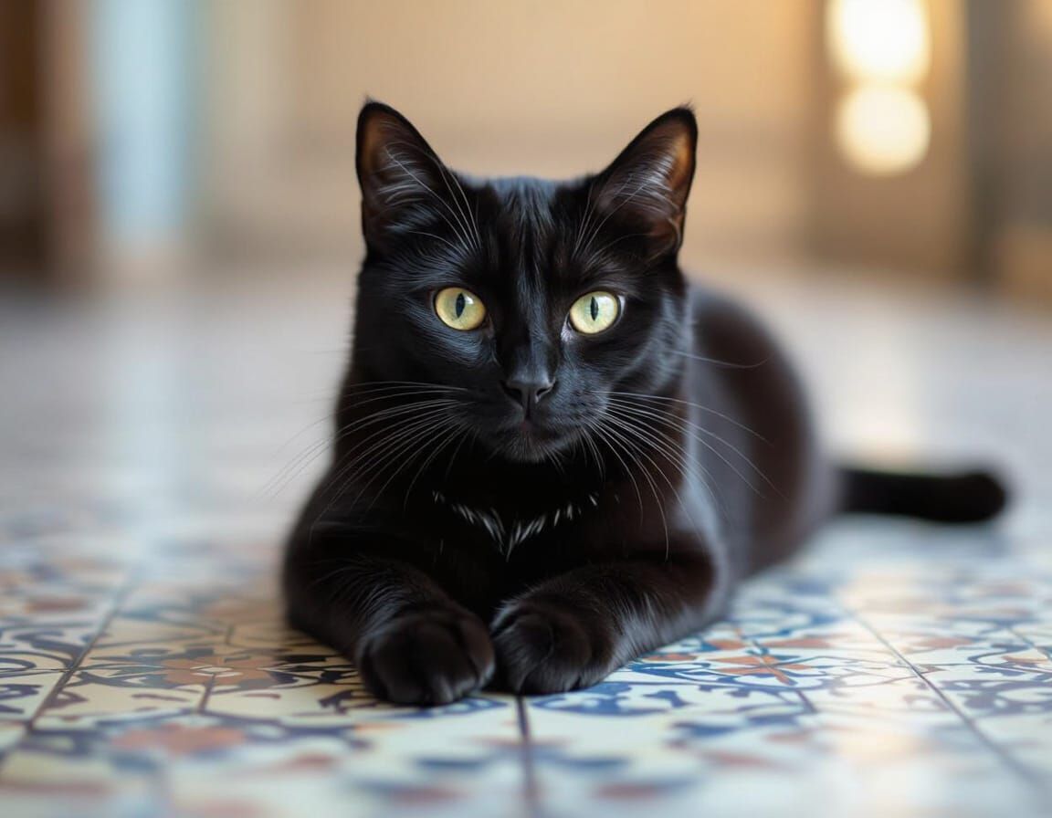 Black Cat Portrait on Vintage Floor