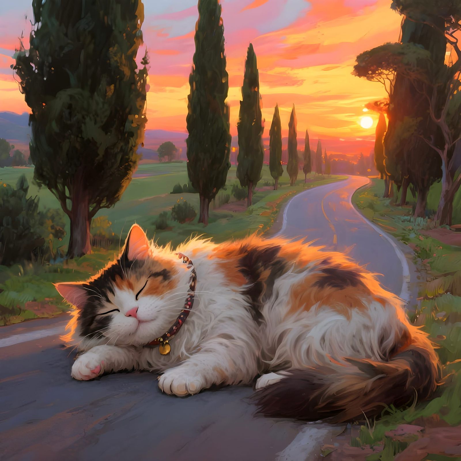 Giant Calico Cat Sleeps on Cypress Road