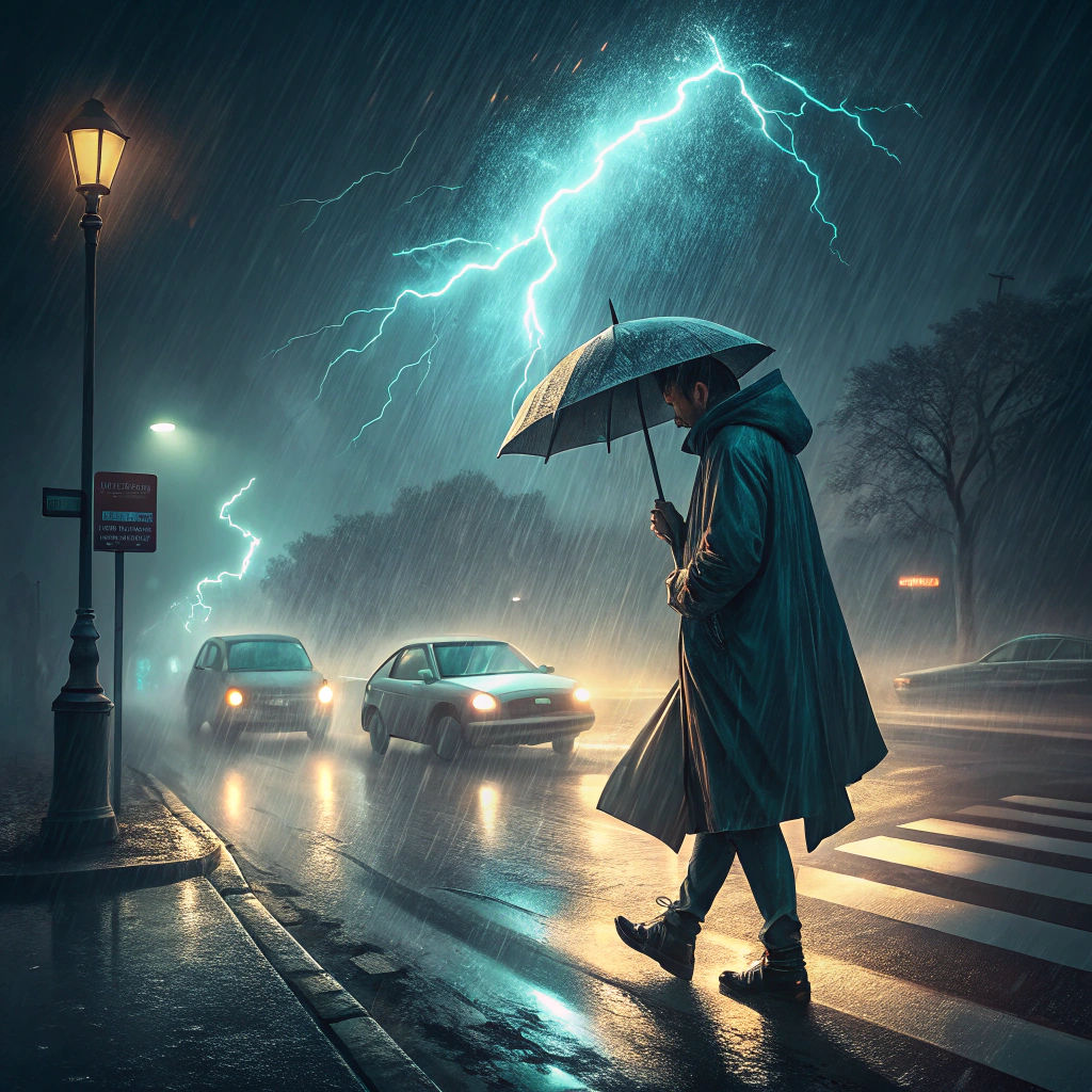 Rainy Crosswalk with Lightning Strike in Cyberpunk Style