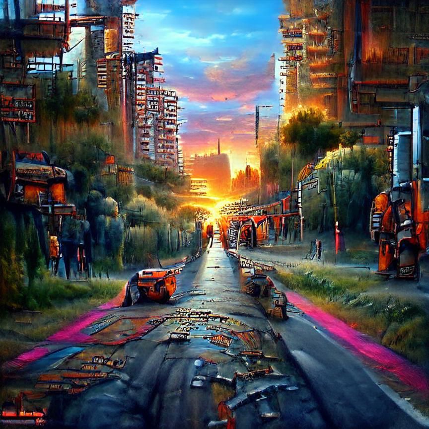 Cyberpunk City Sunset: Detailed Digital Painting