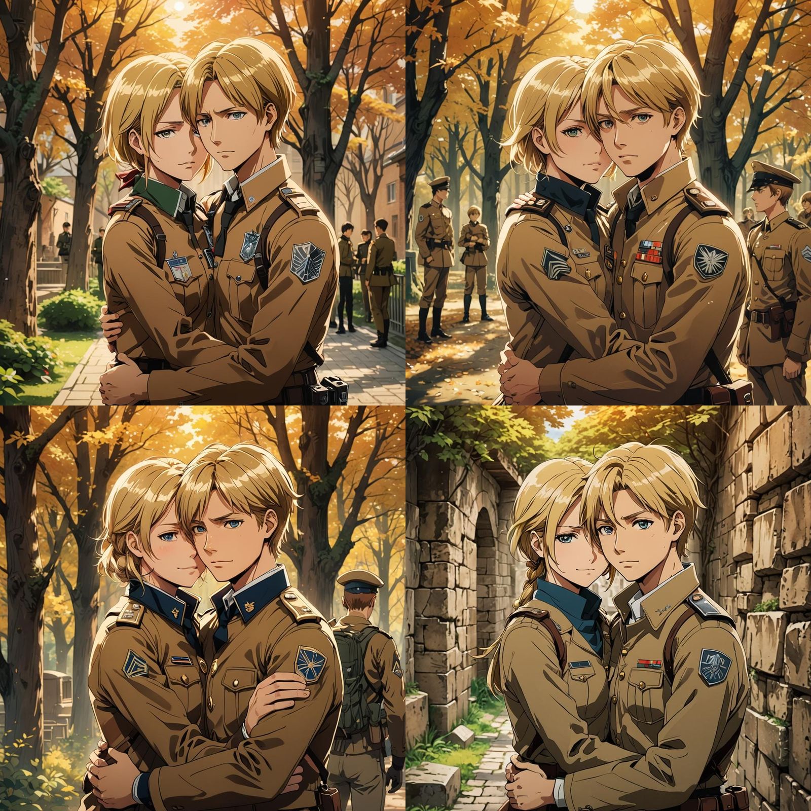Anime Embrace in Cadet Setting with Warm Lighting