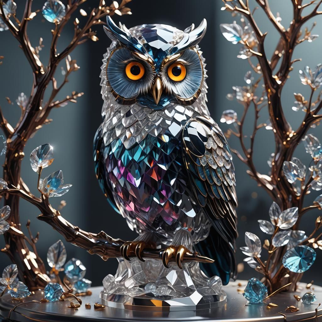 Beautiful Crystal Owl Sculpture in Detailed Digital Art