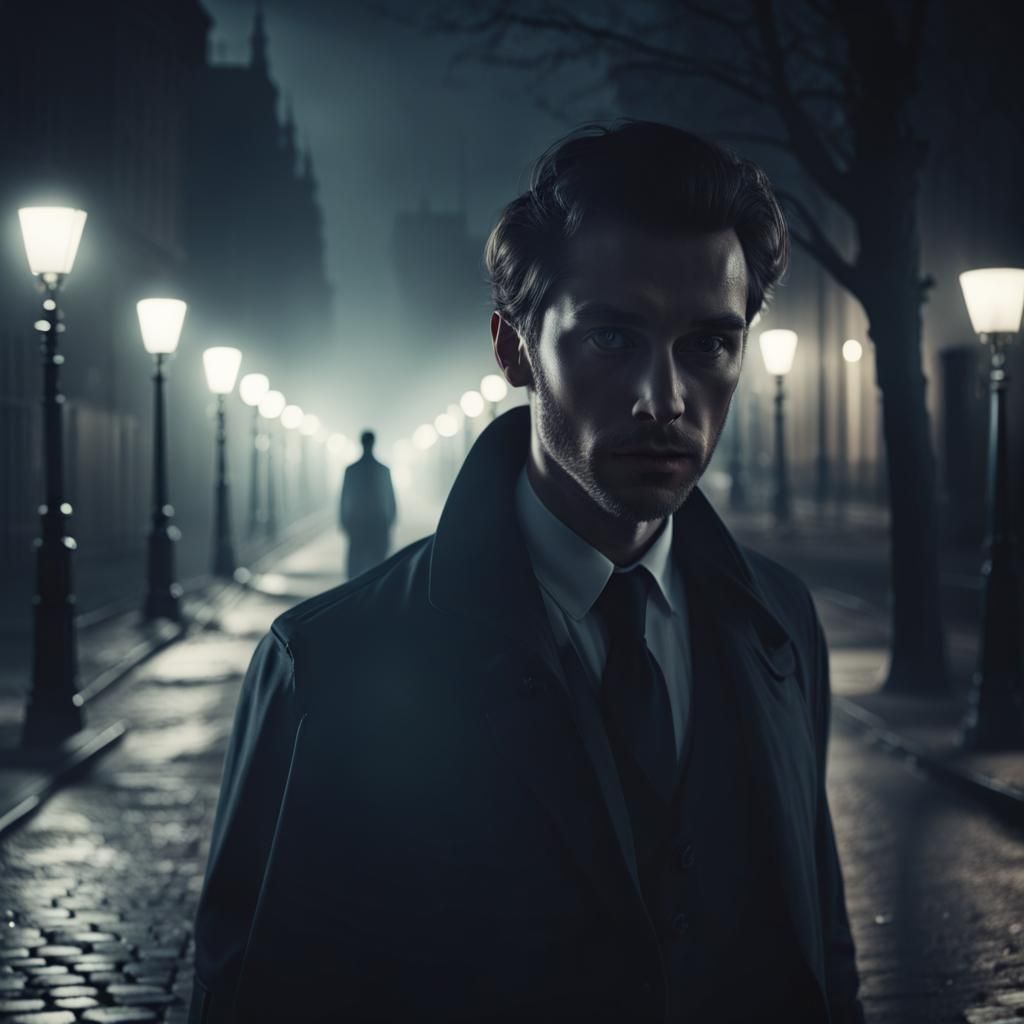 Handsome Man Walks Dark Street at Night