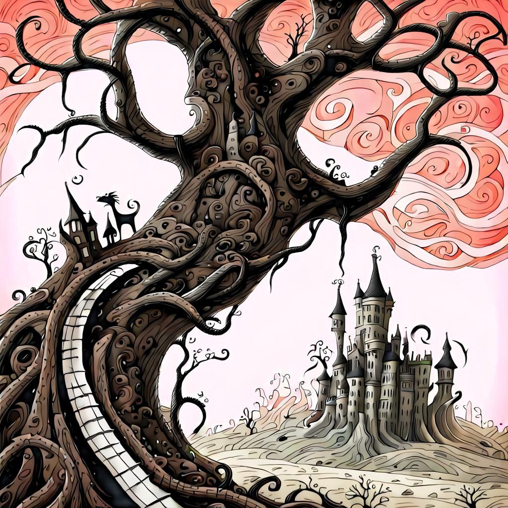 Ethereal Gothic Tree Haunts a Twisted Seaside Village