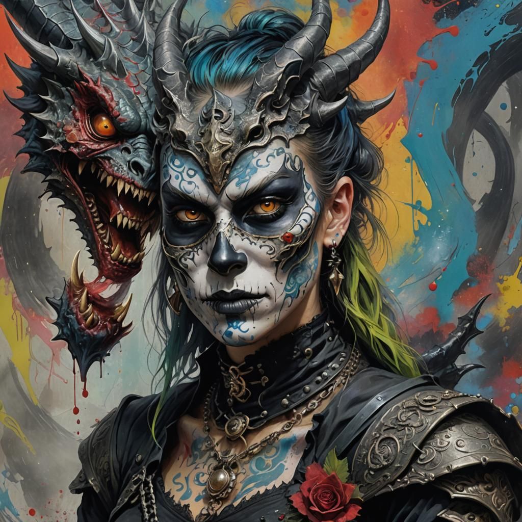 Punk Gothic Oni Mask Portrait with Dragon