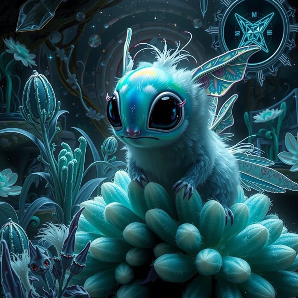 Ethereal Alien Fuzzball perched on Neon Bioluminescent Bloom...