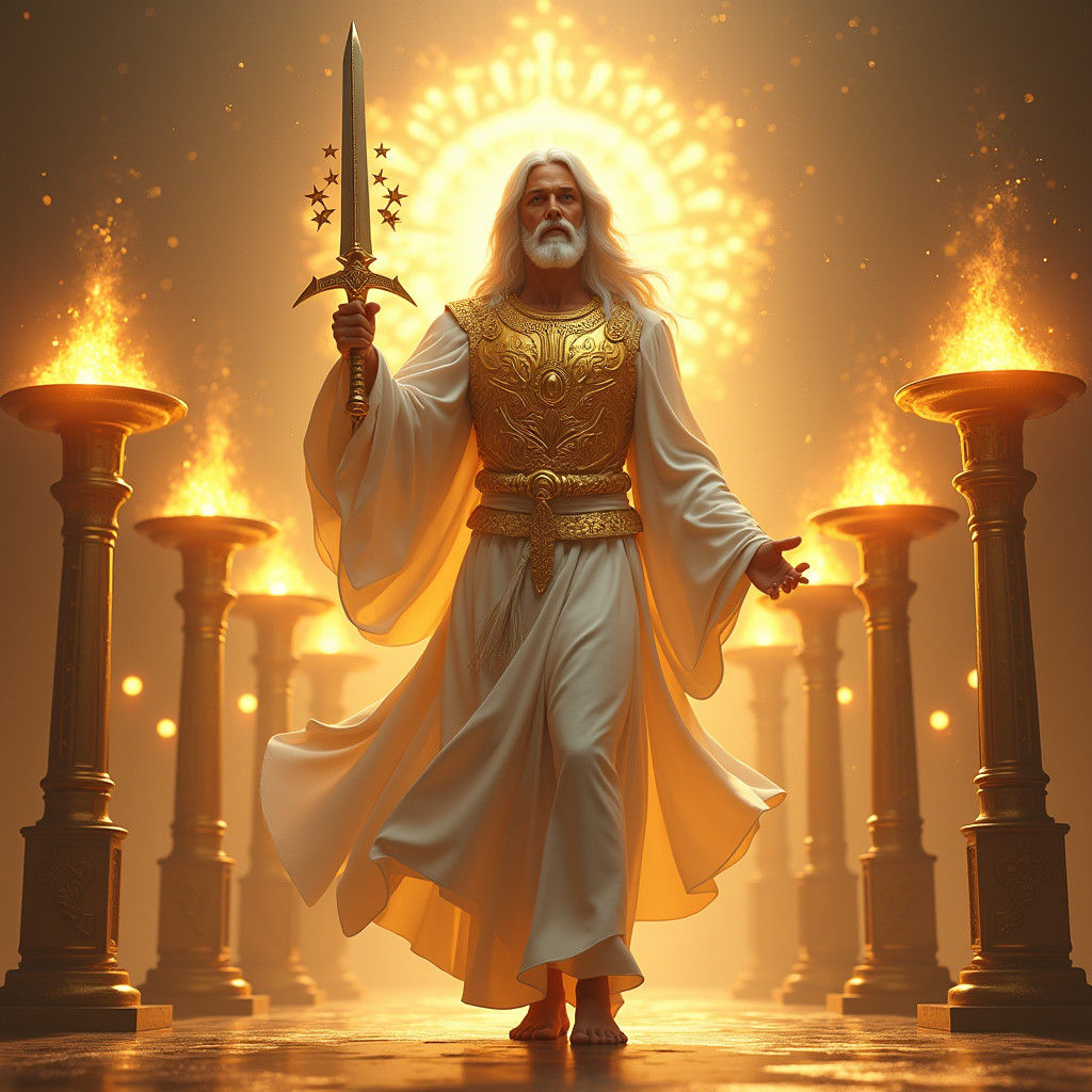 Jesus-like Being Amidst Golden Lamps in Ethereal Matte Paint...
