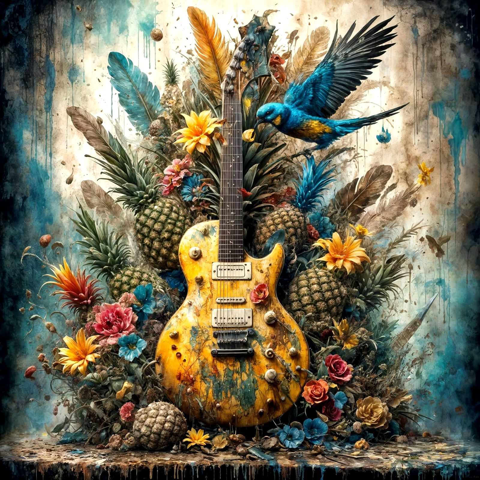 Feathered Guitar and Star in Watercolor Fantasy