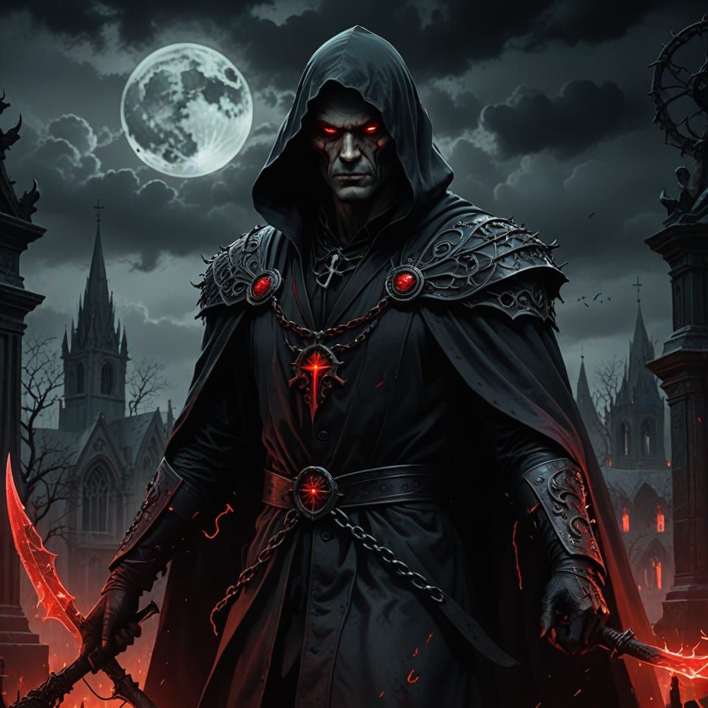Menacing Dark Fantasy Figure in Tattered Black Robes