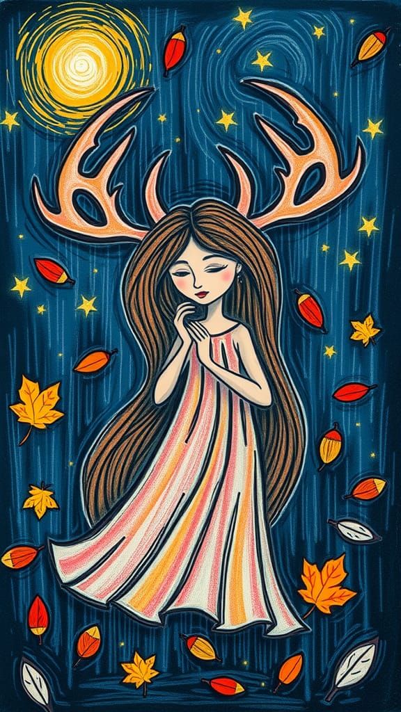 Pagan Goddess with Antlers in Childlike Crayon Drawing