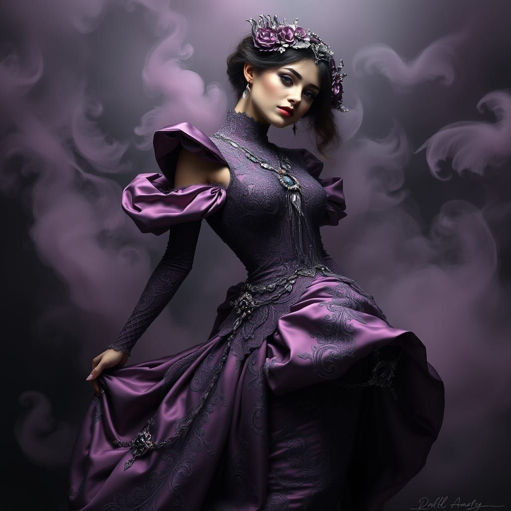 Surreal Fashion Model in Whimsical Plum Gown