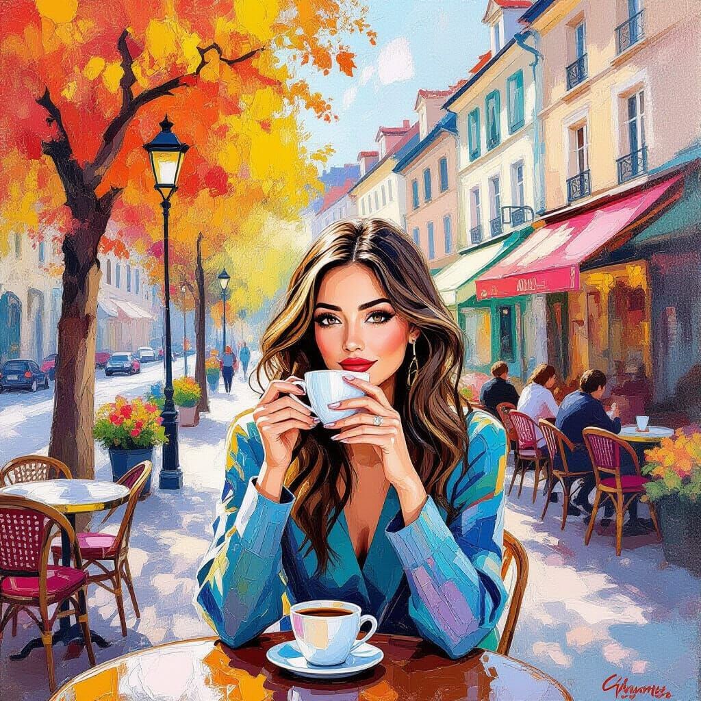 Cafe Scene with Woman in Gouache and Watercolor Style