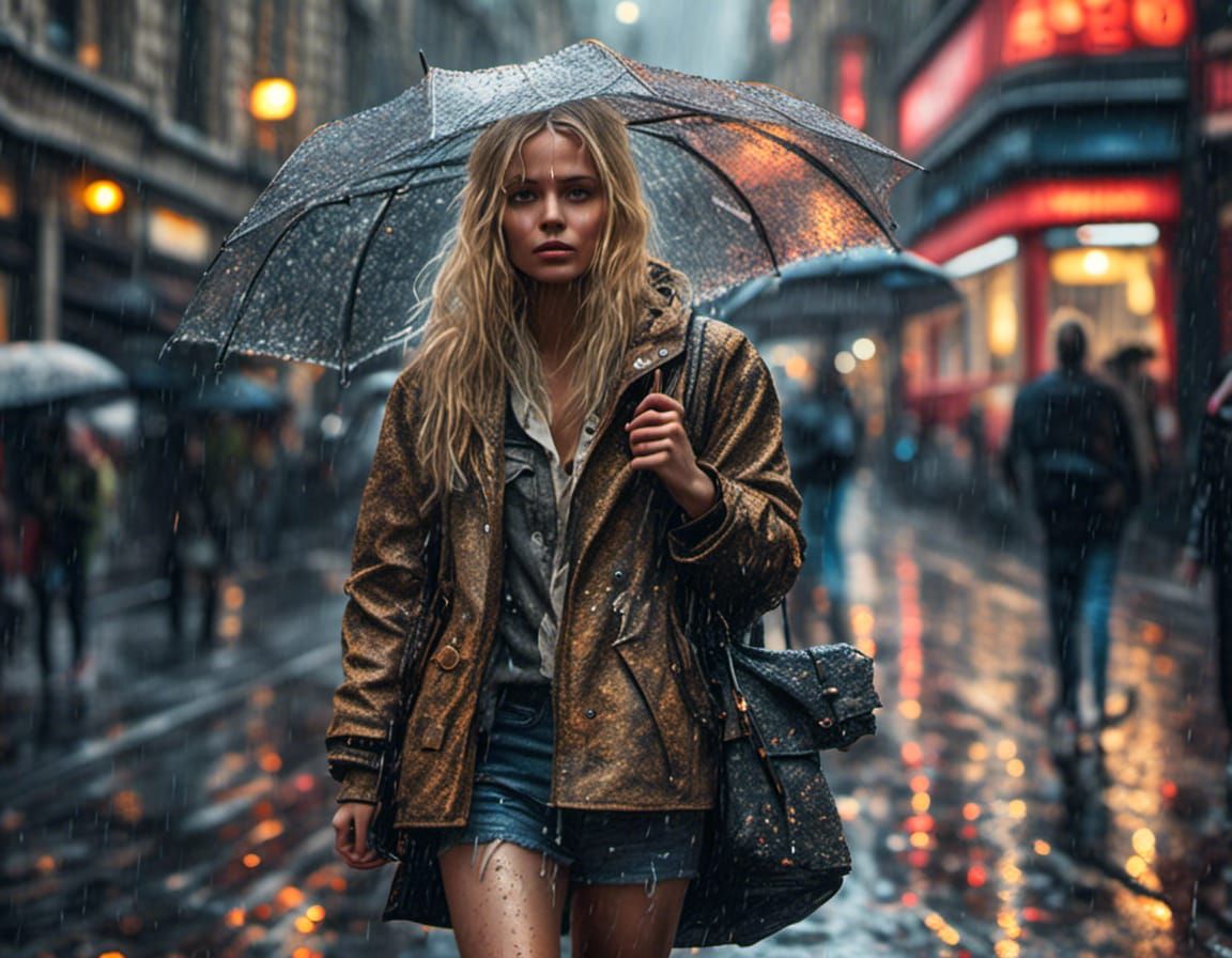 Blonde Woman Walking in London Rain in Hyperreal Style