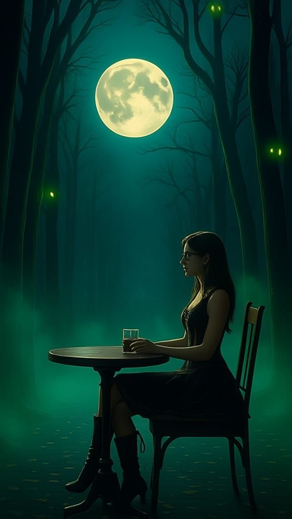 Steampunk Woman in Forest Cafe with Glowing Mist