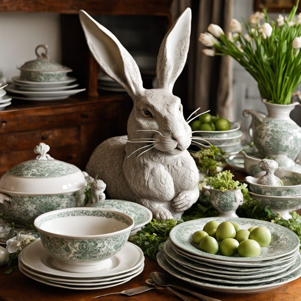 Antique China Rabbit Soup Tureen on Vintage Table Setting