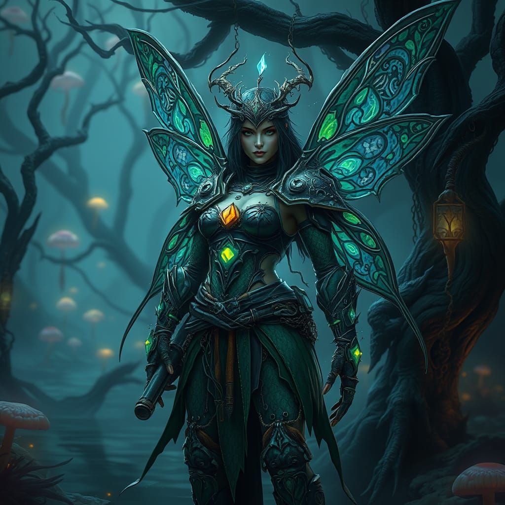 A photograph of an unconventional fairy, a powerful warrior with battle-worn armor fused with organic elements like vine...