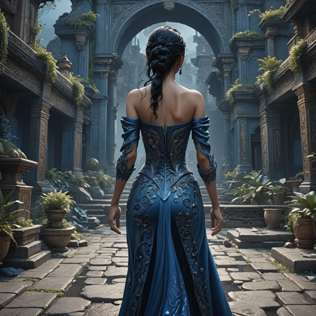 Woman in Blue Dress: Detailed Fantasy Art