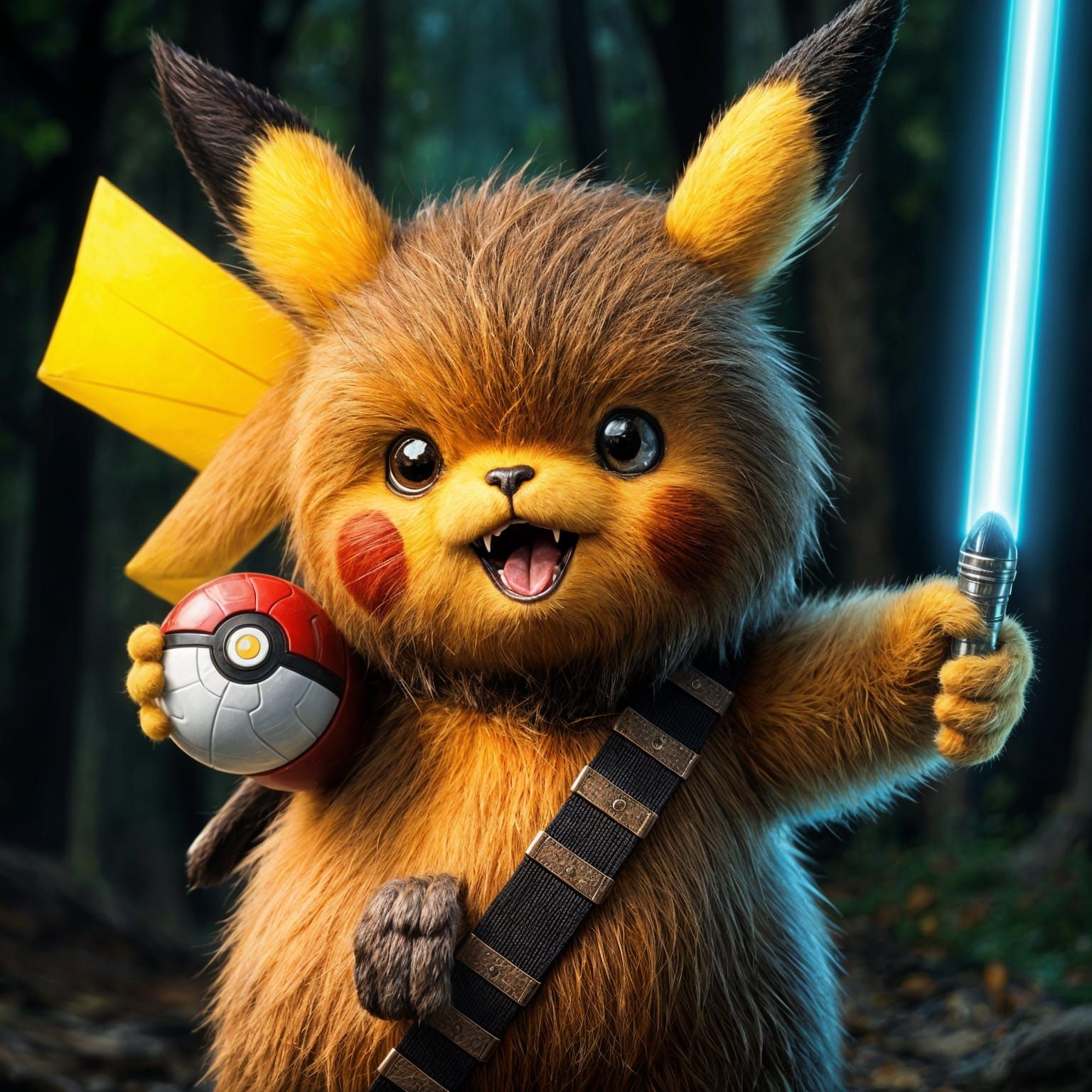 Pikachu-Wookiee Mashup: Brown-Furred Pikachu Wields Lightsab...