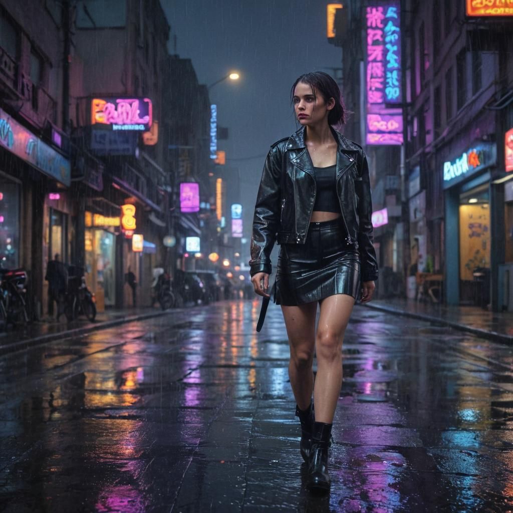 Cyberpunk Cityscape: Woman in Leather on Rainy Street